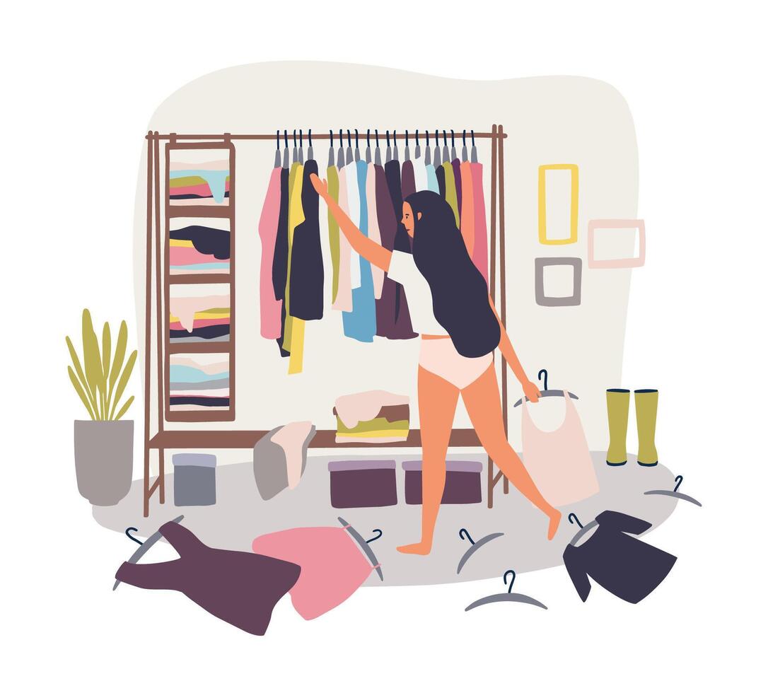 Young long-haired girl standing in front of hanger rack with clothes scattered around and trying to choose outfit. Nothing to wear concept. Cartoon colorful illustration in flat style vector