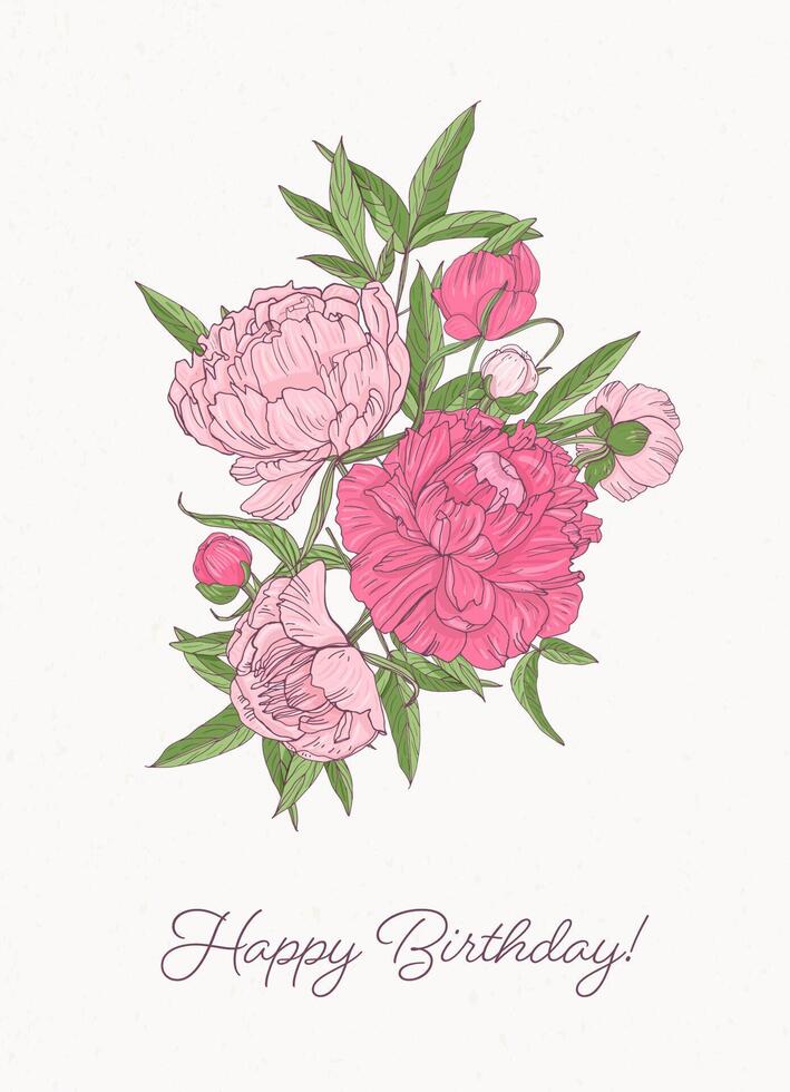 Birthday greeting card template with bunch of gorgeous blooming peony flowers hand drawn on white background. Elegant romantic flowering garden plants. Floral illustration in vintage style vector