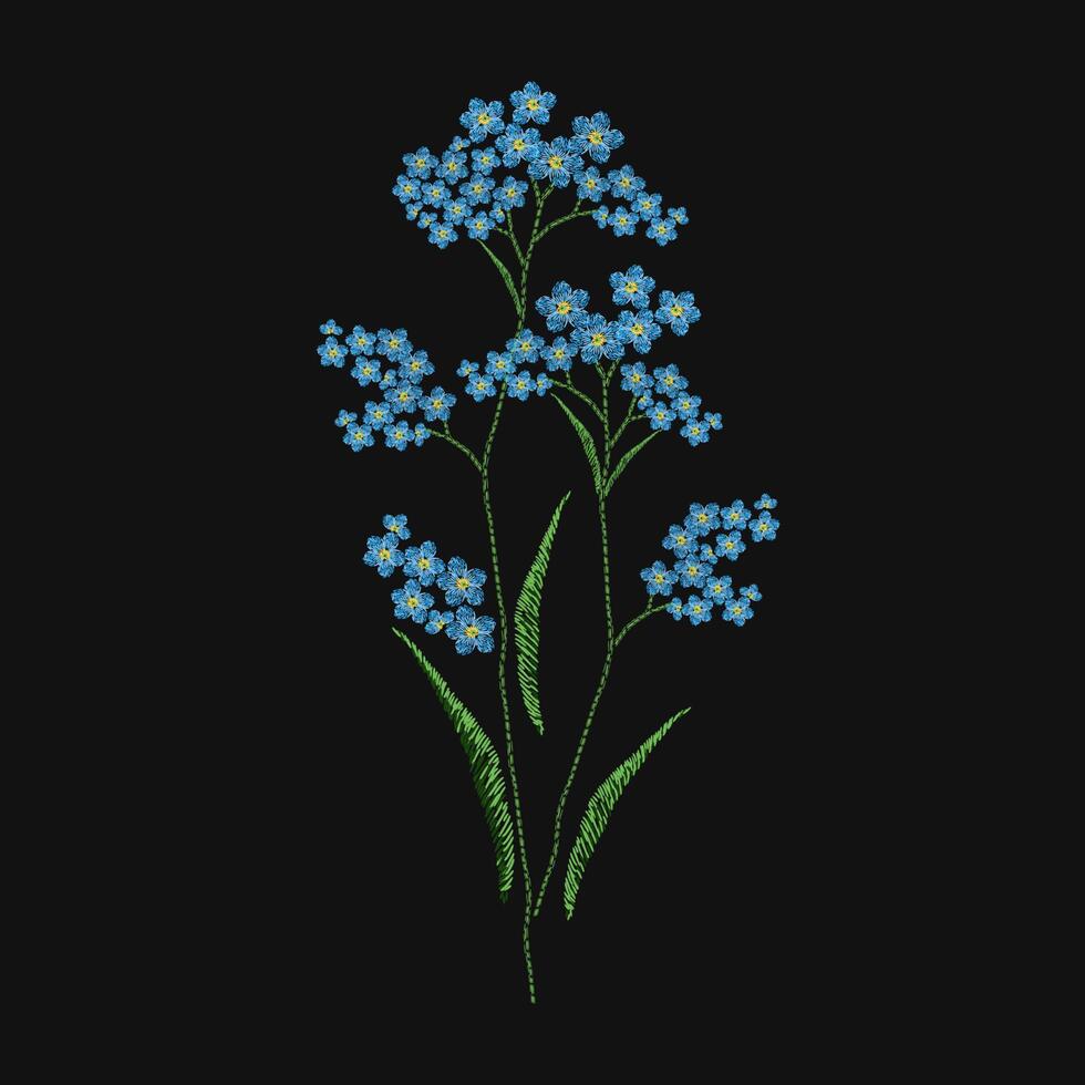 Forget-me-not flower embroidered with blue and green threads on black background. Elegant embroidery design with wild flowering herbaceous plant. Handiwork or handicraft. Colorful illustration. vector