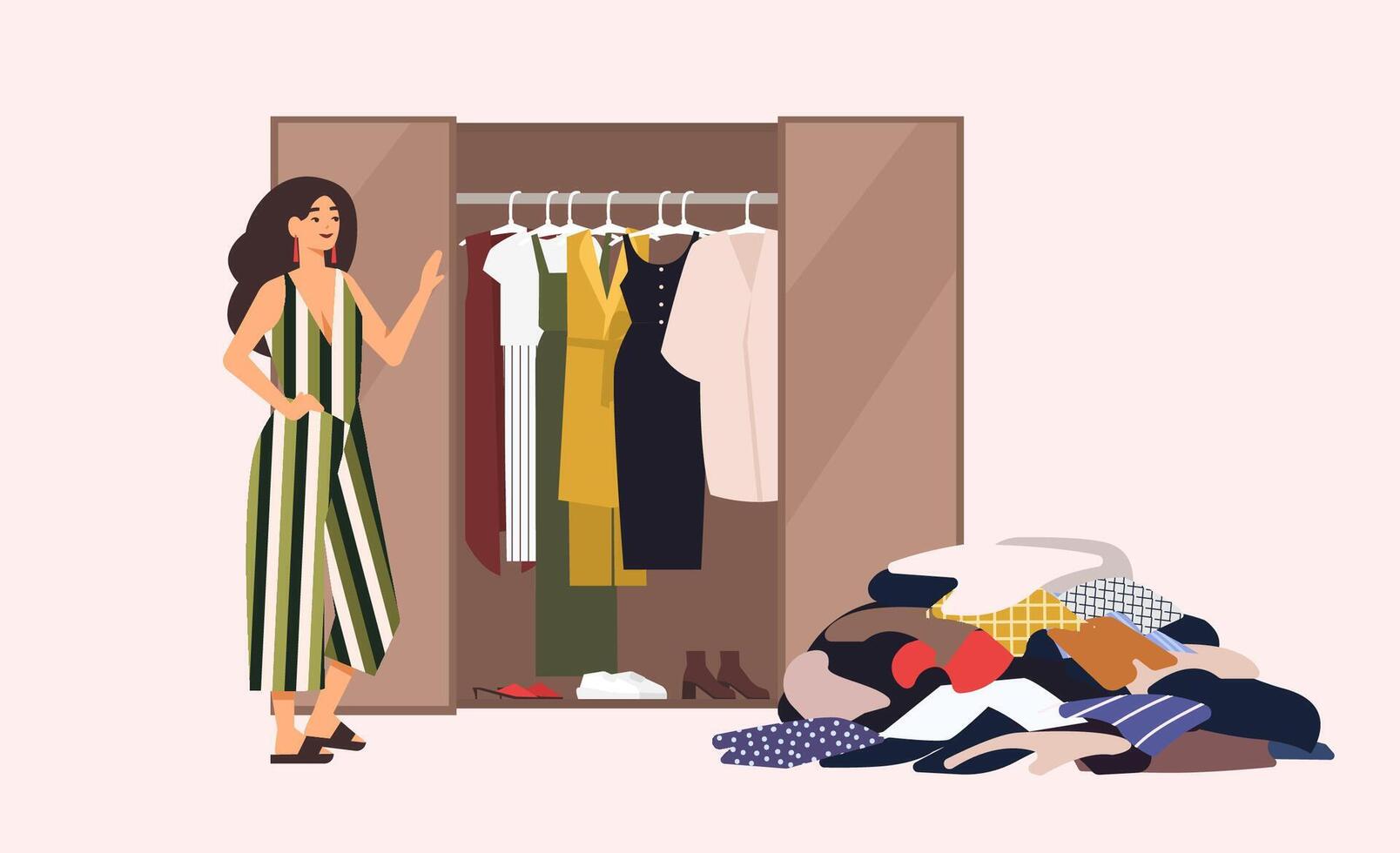 Smiling long-haired girl standing in front of opened closet with apparel hanging inside and pile of clothes on floor. Concept of minimalist capsule wardrobe. Cartoon illustration in flat style vector