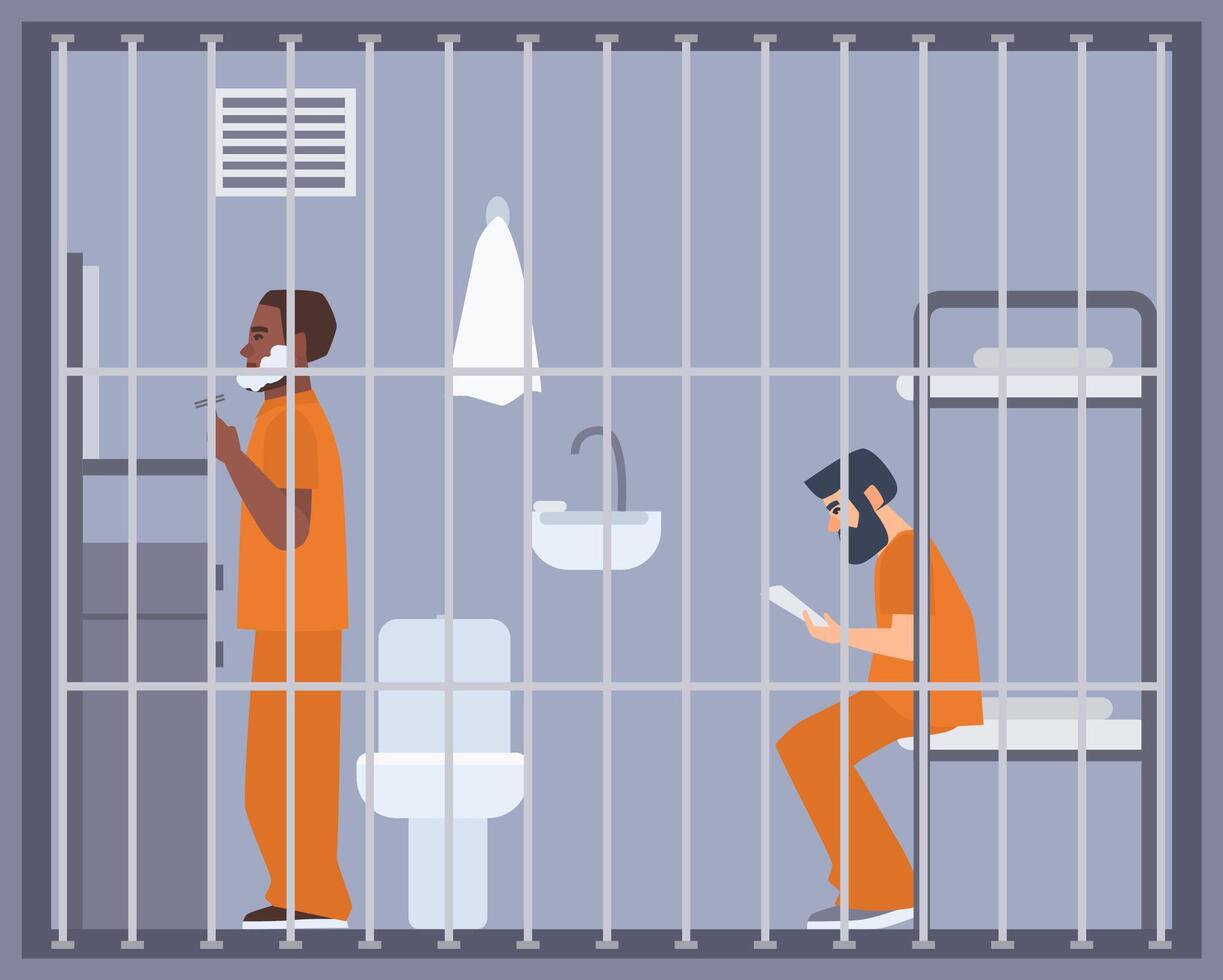 Pair of men in prison, jail or detention center room. Two prisoners or criminals shaving and reading book in cell. Male cartoon characters during imprisonment or confinement. Flat illustration. vector