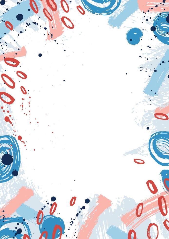 Creative vertical backdrop decorated with pink and blue paint stains, round spots and brush strokes on white background. Hand painted frame or border. Artistic illustration in modern style vector