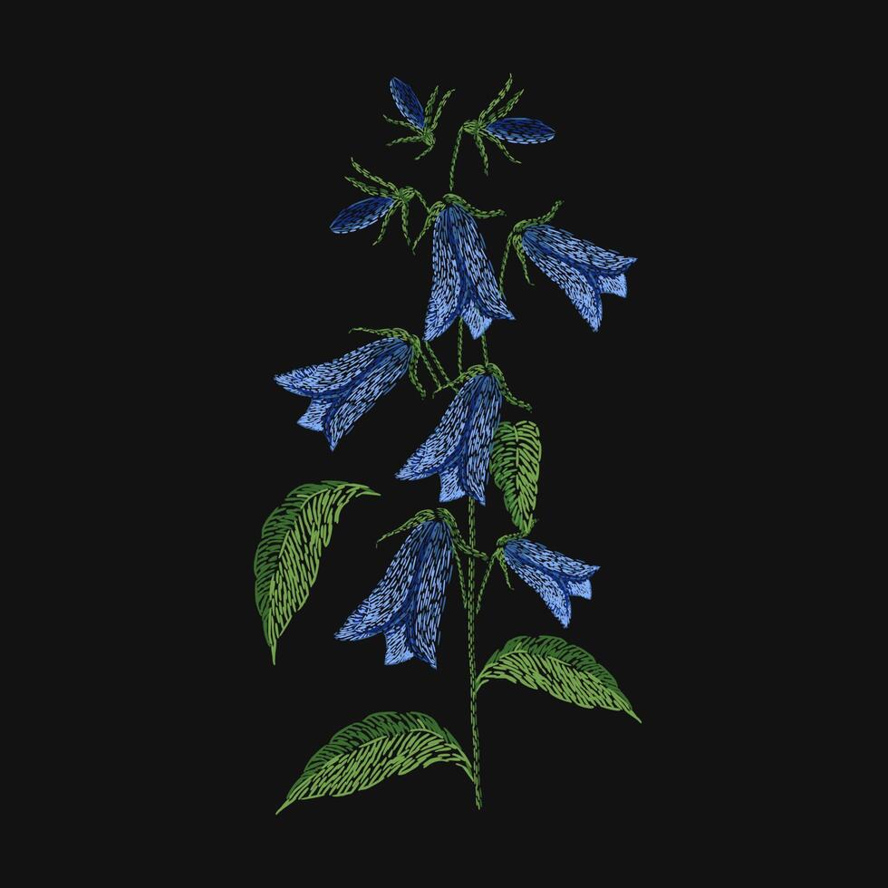 Bellflower embroidered with blue and green threads on black background. Gorgeous embroidery design with wild blooming flower or meadow flowering herb. Handiwork or handicraft. illustration. vector