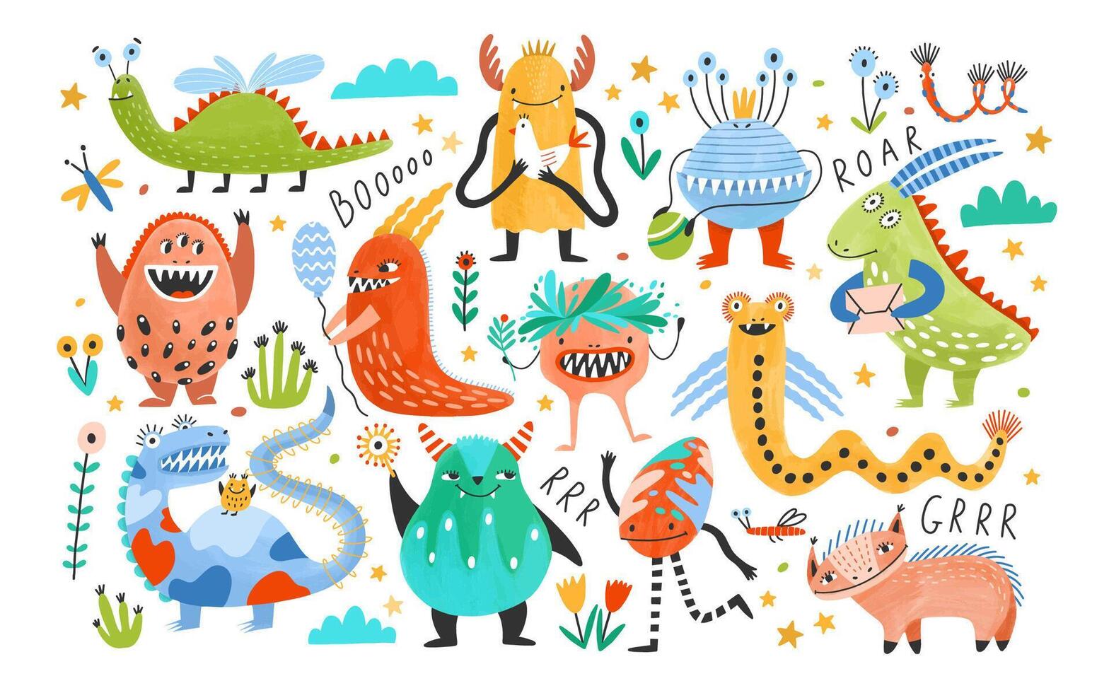 Collection of funny monsters or aliens. Bundle of cute fantastic or fairytale creatures. Cartoon characters isolated on white background. Bright colored childish illustration in flat style vector