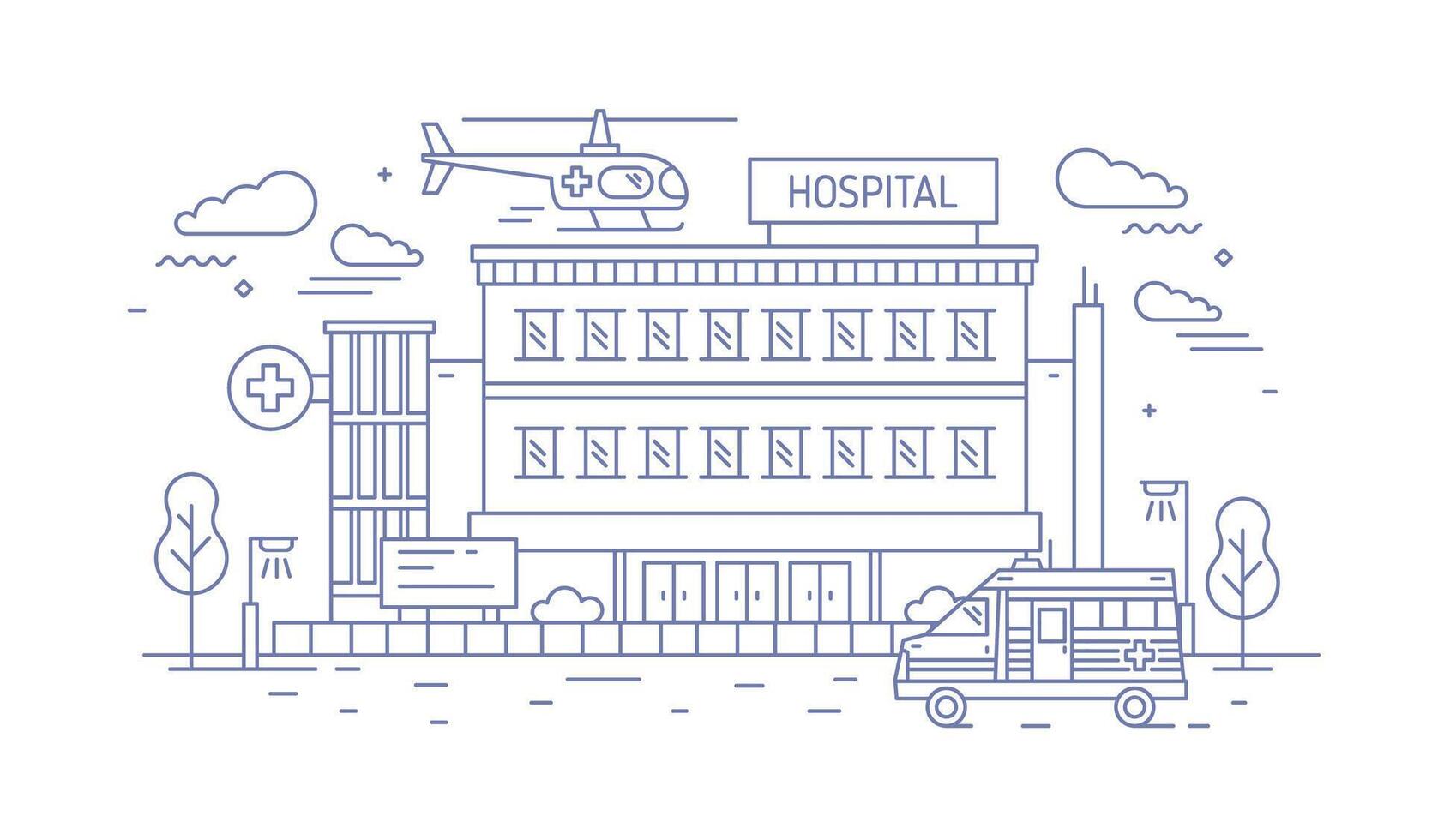 Hospital, clinic or medical center building with helicopter landing on top of it and ambulance drawn with contour lines on white background. Monochrome illustration in modern lineart style vector