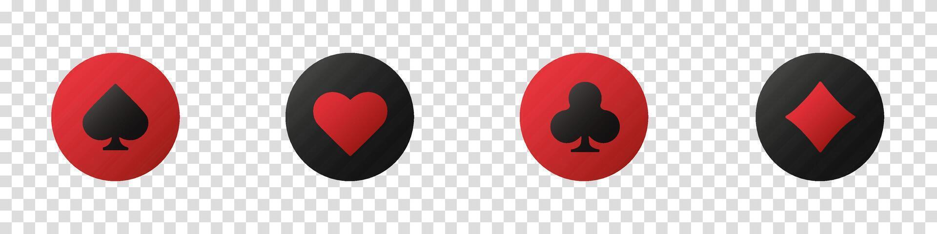Collection of casino-themed tokens with card suits and poker chips. Features hearts, clubs, diamonds, and spades vector