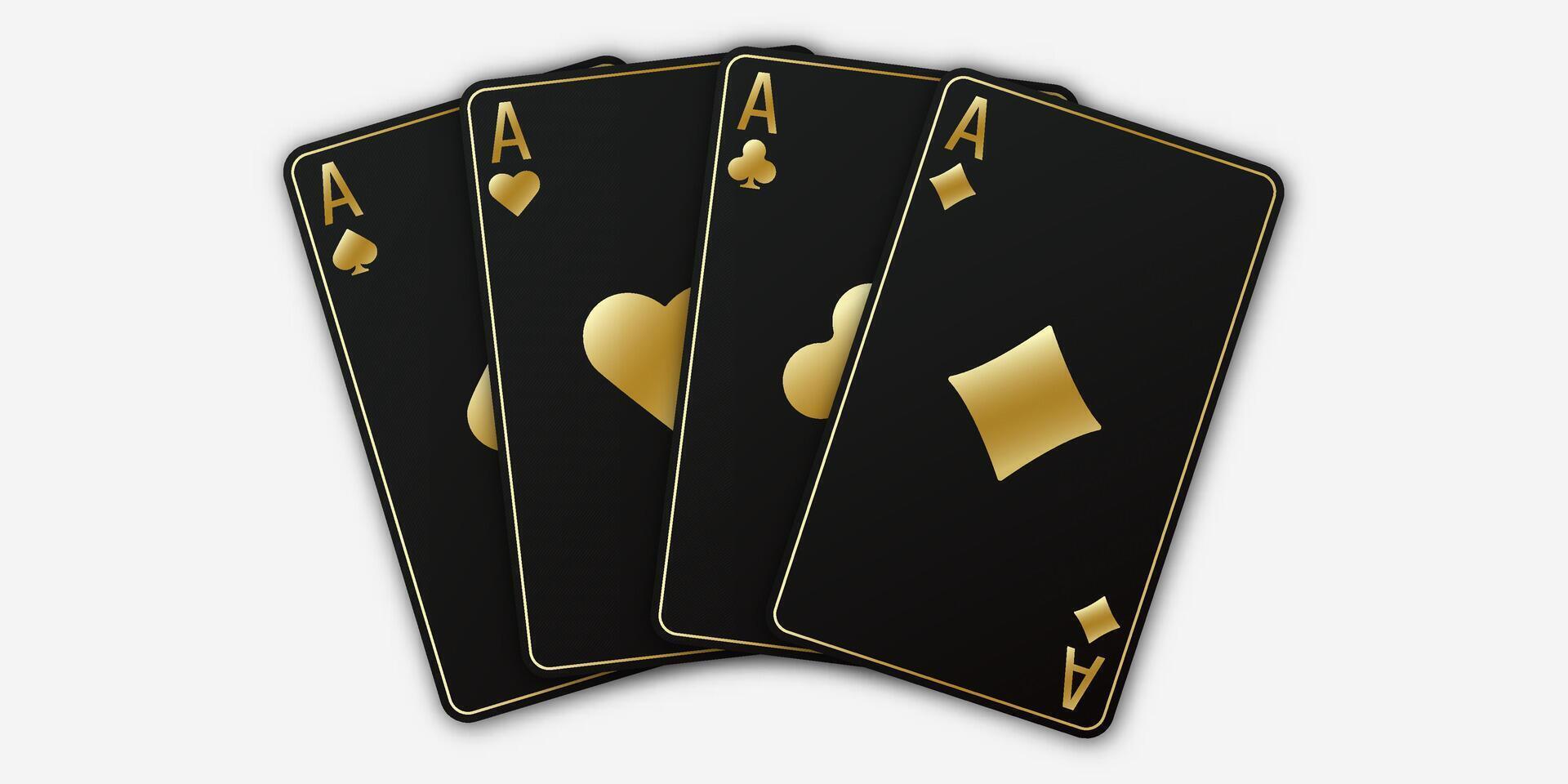 Hand fan of playing cards consisting of four black and golden Ace of Spades, Diamonds, Clubs, Hearts. Illustration poker and casino of all the aces on a white background. vector
