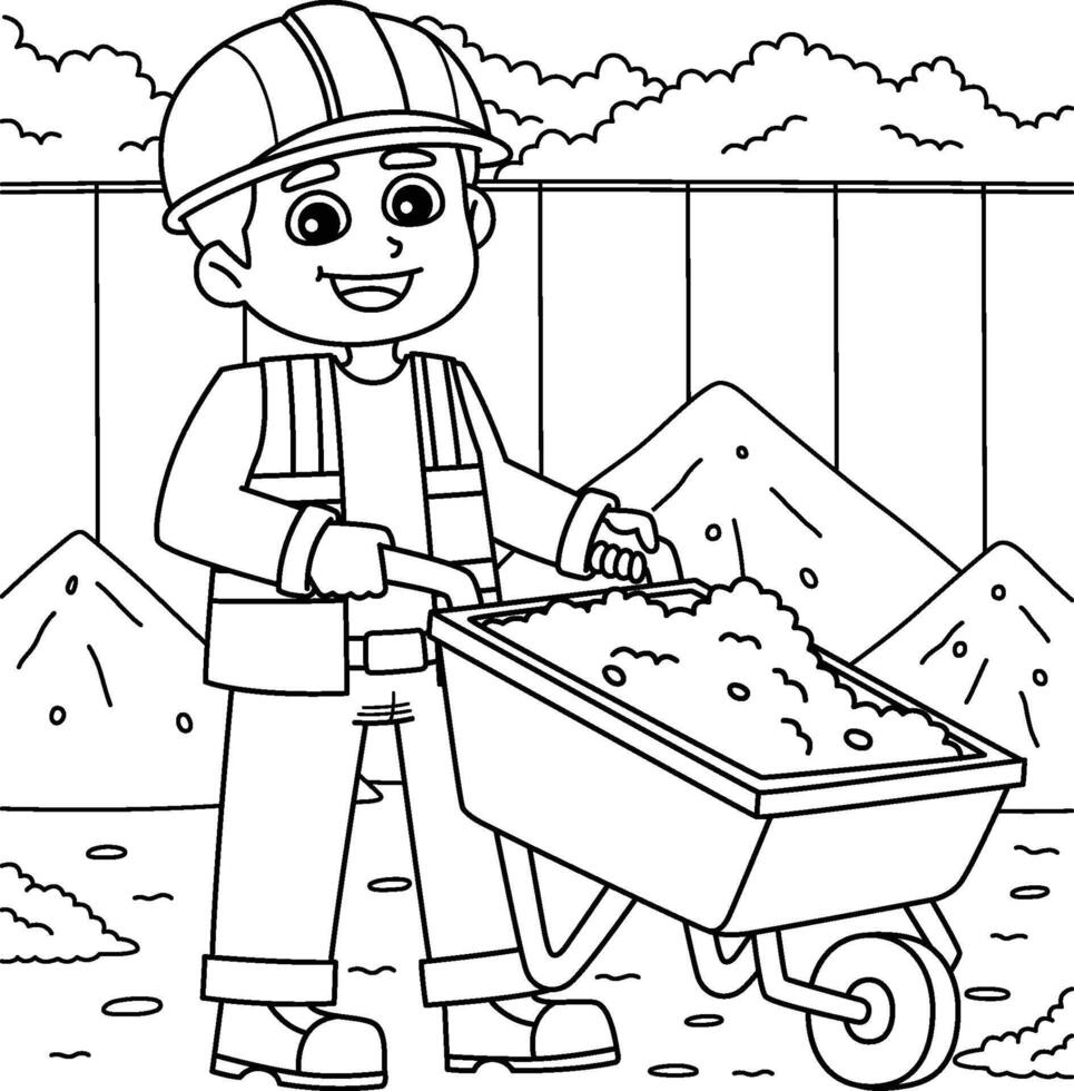 Construction Worker with Wheelborrow Coloring Page vector