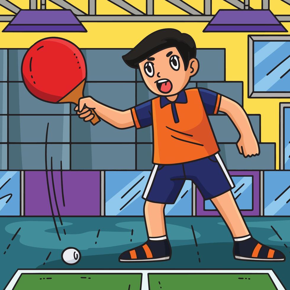 Table Tennis Player Blocking Ball Colored Cartoon vector