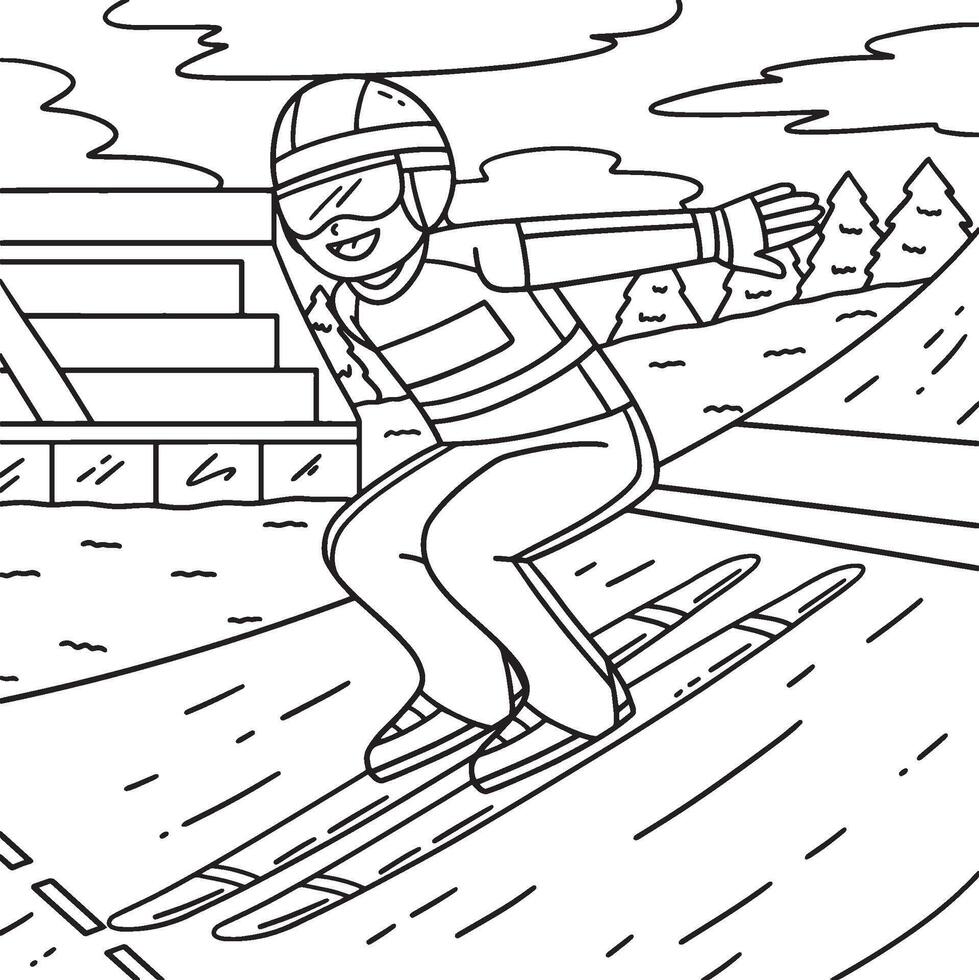 Male Ski Jumper Reaching the Out Run Coloring Page vector