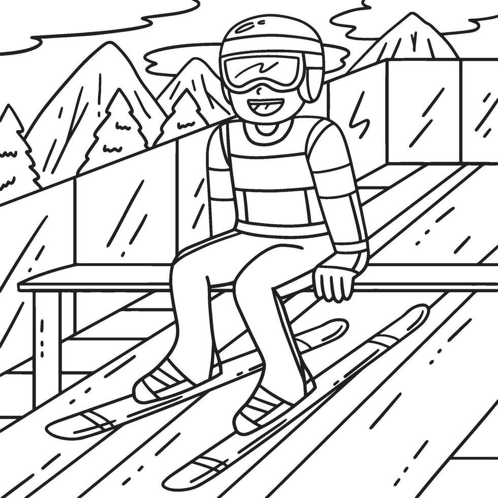 Male Ski Jumper Taking Position Coloring Page vector