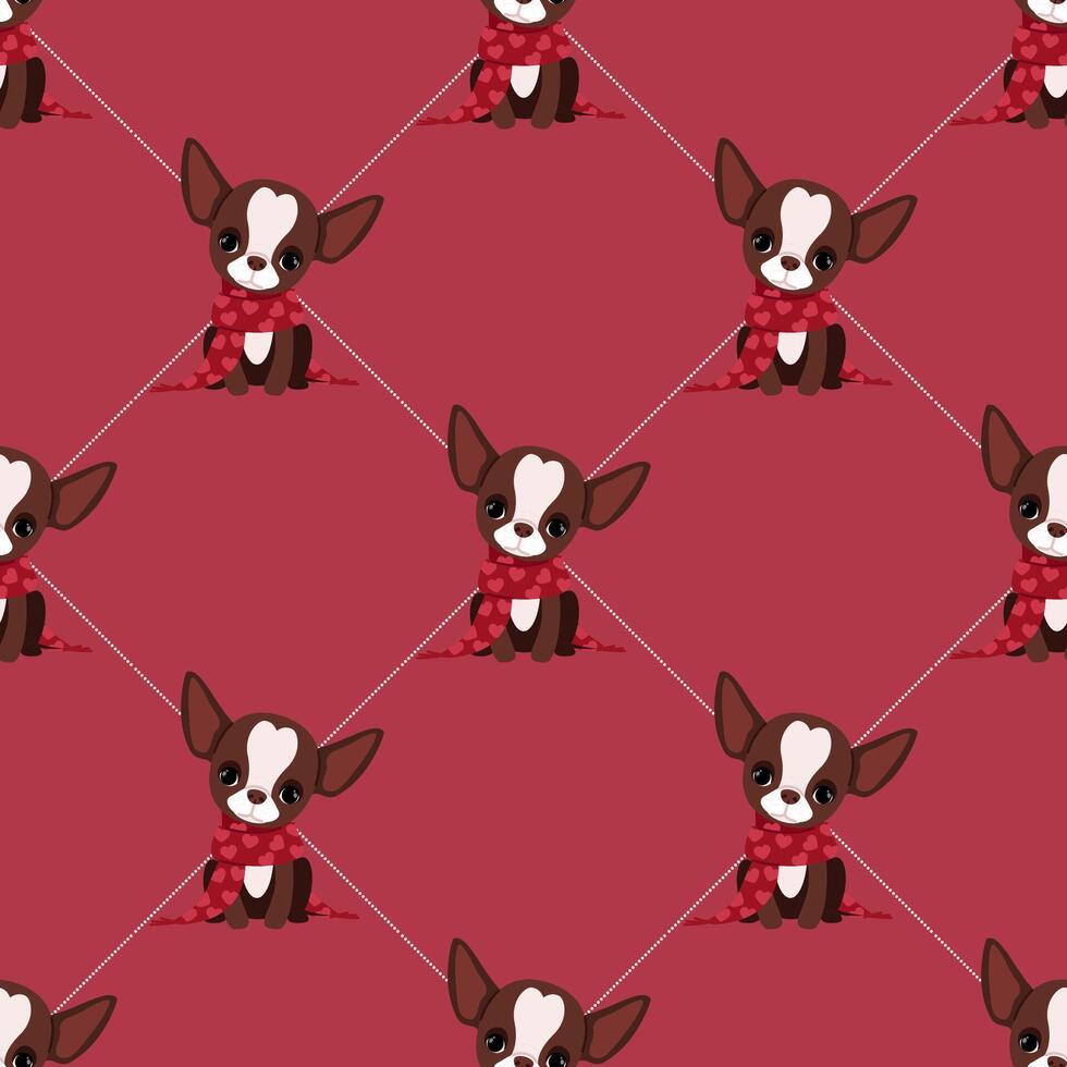 Cute little chihuahua dogs in red scarves with hearts in seamless pattern for Valentine's Day vector