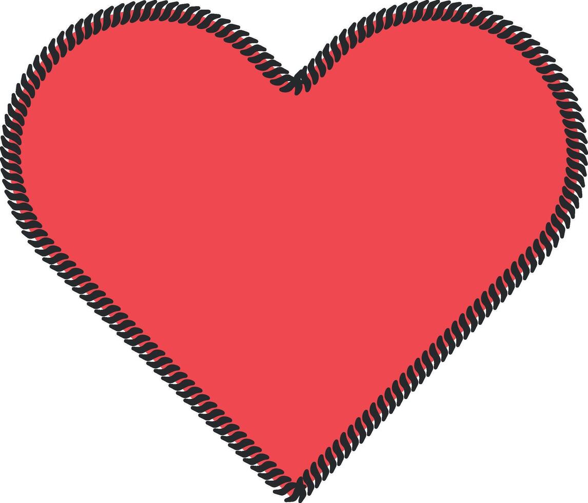 red heart stitched along the contour with black threads without background vector