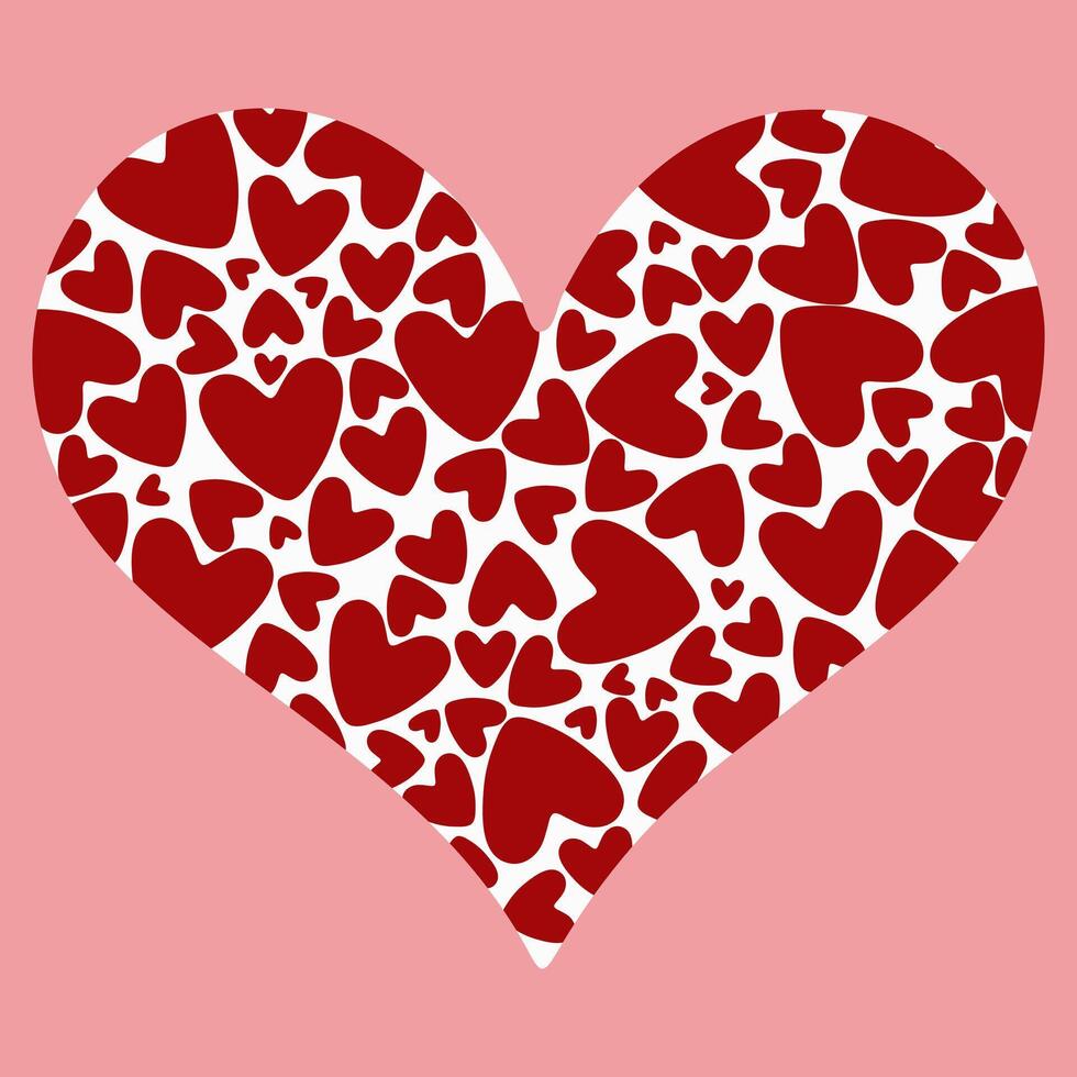 Heart-shaped design filled with smaller red hearts on a soft pink background. Perfect for Valentine s Day, romantic decorations, greeting cards, wedding invitations, and love themed projects. vector