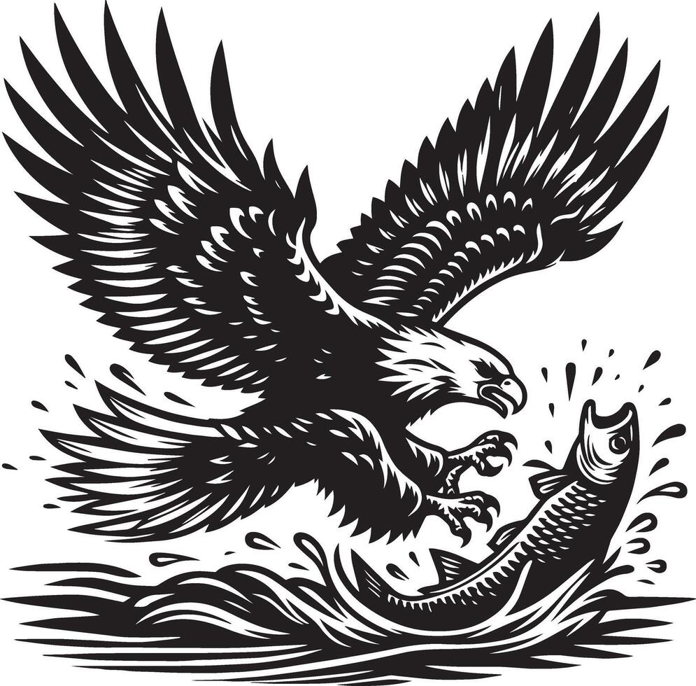 Silhouette eagle catch fish illustration isolate on white background vector