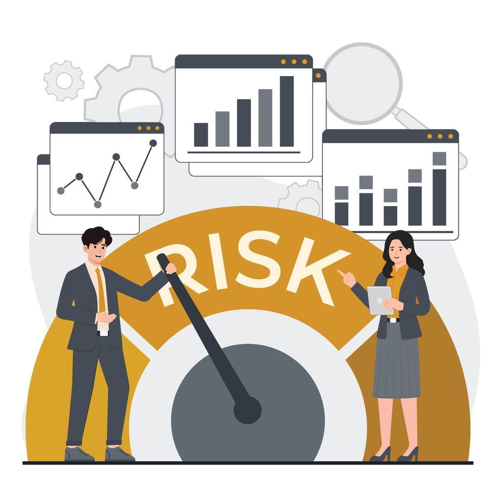 Risk management concept. Businessman, businesswoman and businesswoman standing near big clock. vector