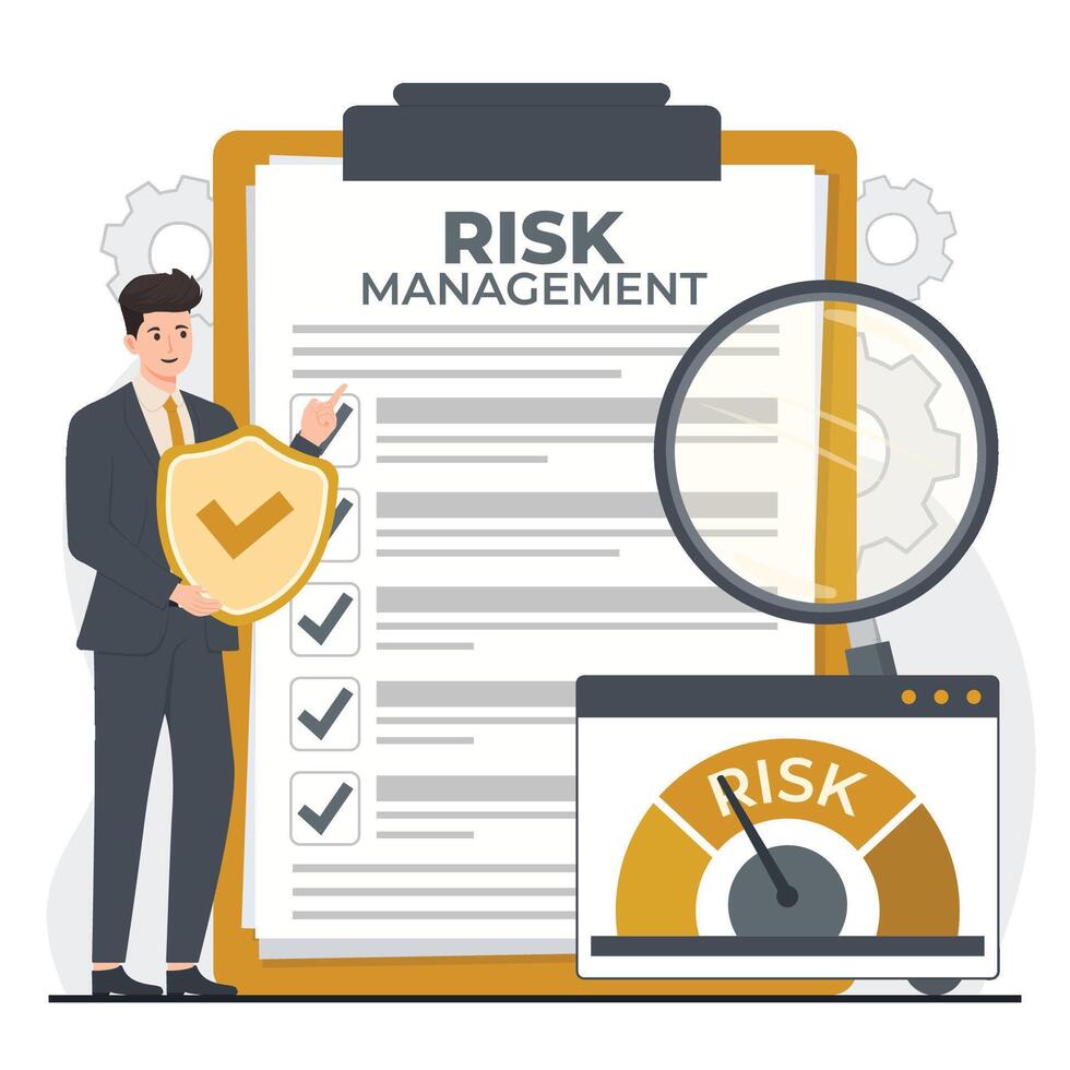 Risk management concept. illustration in flat style. Businessman with clipboard. vector