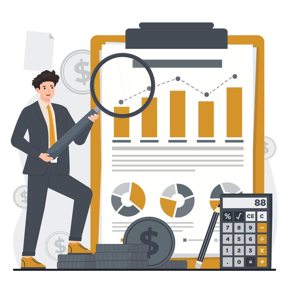 business audit Businessman with magnifying glass and financial report. Flat illustration. vector