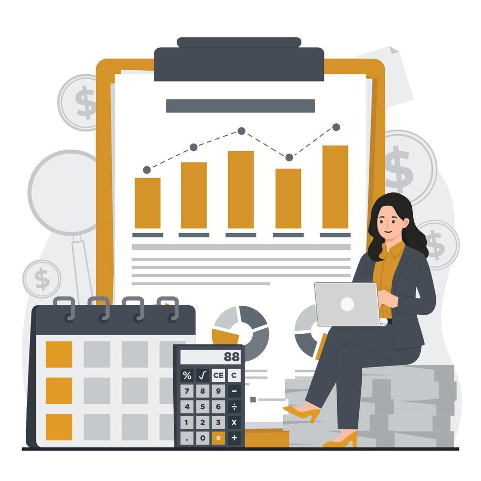 business audit Businesswoman sitting on stack of coins and holding laptop. flat illustration. vector