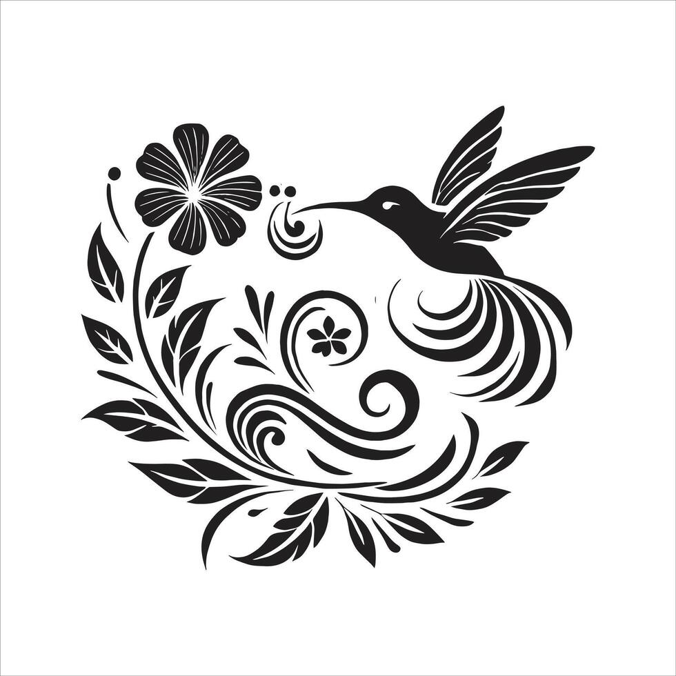 A black and white hummingbird with a floral pattern vector