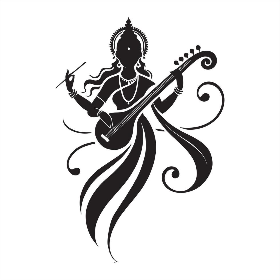 Maa Sharda Silhouette Religious Card Design with Saraswati Mata and Goddess Maa Saraswati for Indian Festival Saraswati Puja vector