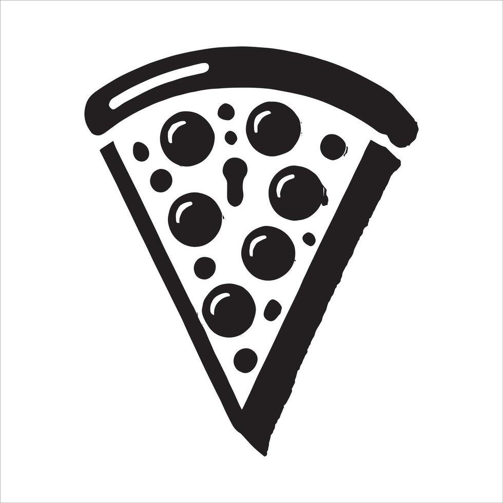 A slice of pizza is shown in black and white vector