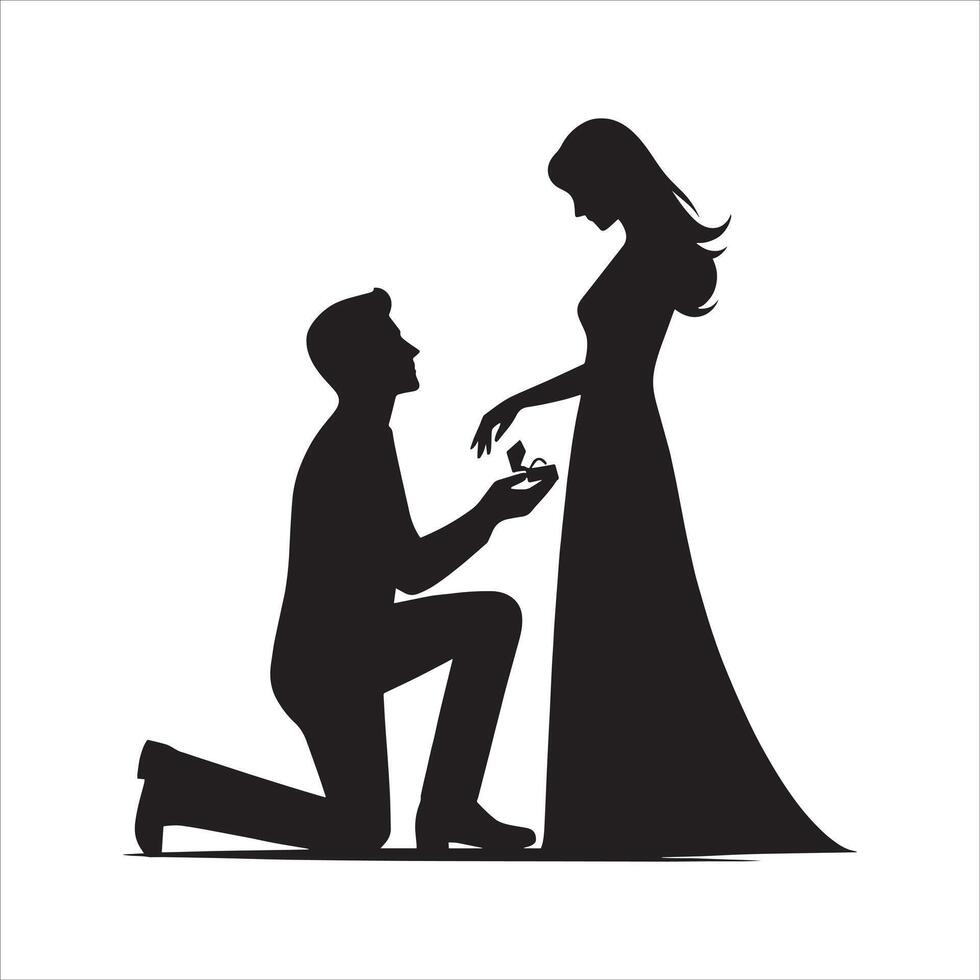 Silhouette of a man kneeling down to propose to a woman vector