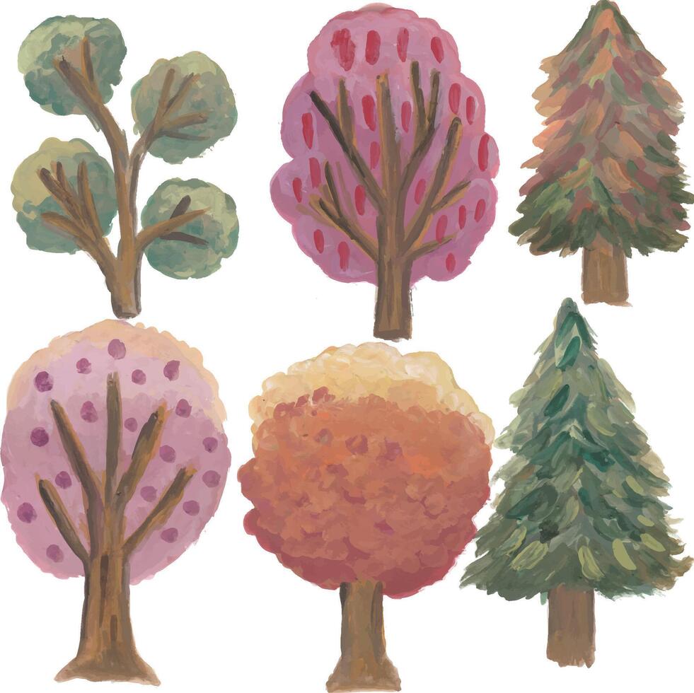 Trees hand drawn watercolour clipart with isolated white backgroun vector