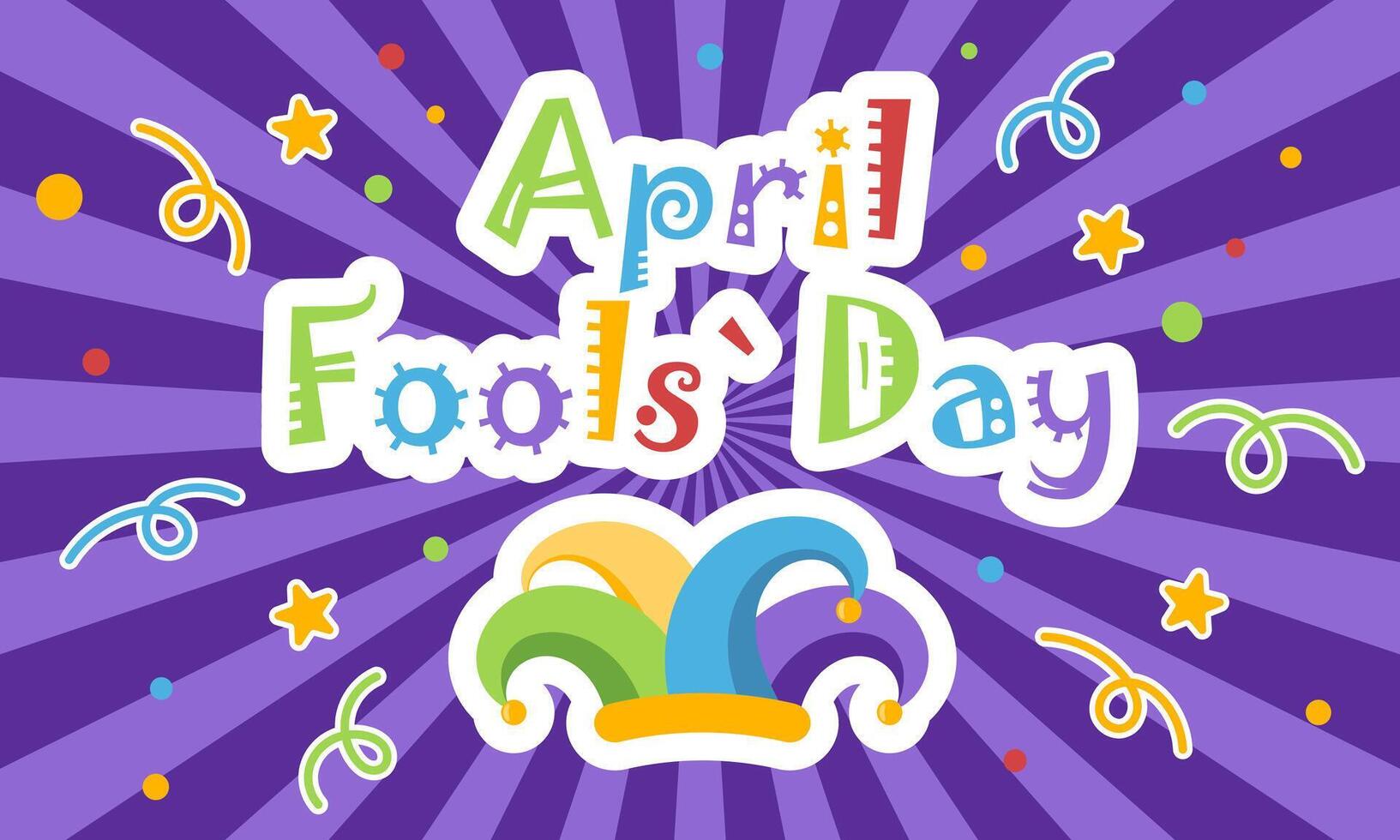 April Fool's day gorizontal festive banner template. Funny design with Jester's hat and slogan on striped background. illustration vector