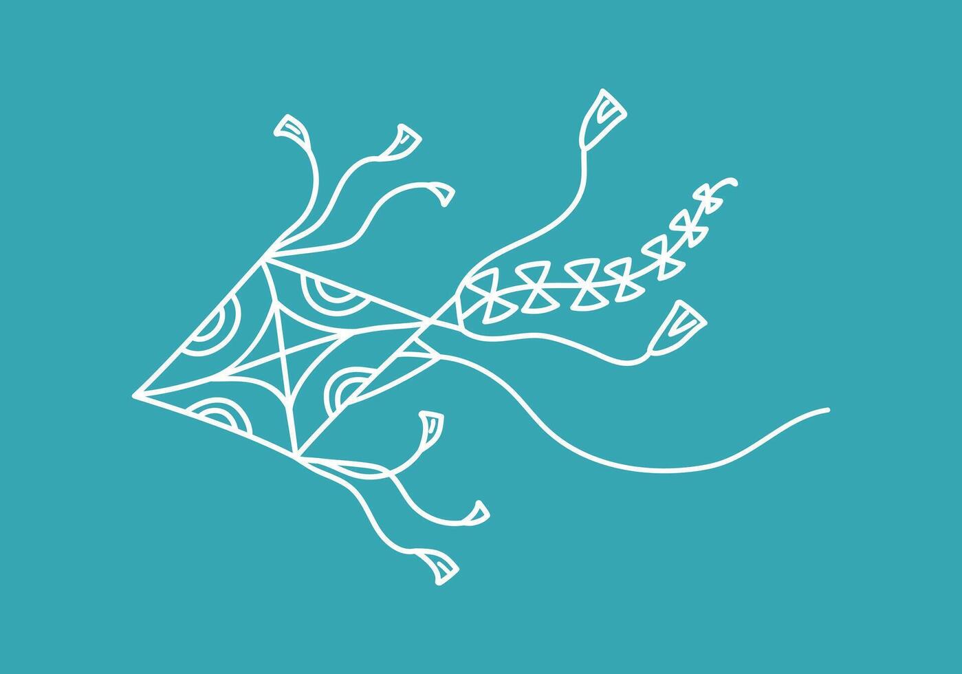 Kite with pattern, ornament flying. Hand drawn icon, doodle. Line drawing, sketch on colored isolated background. vector