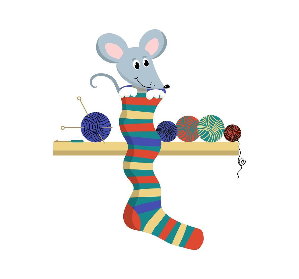 Cute cartoon mouse. The mouse puts on big sock. Handicrafts, knitting, hobby. Knitted warm clothes. Balls of thread, skeins of wool, threads, knitting needles. vector