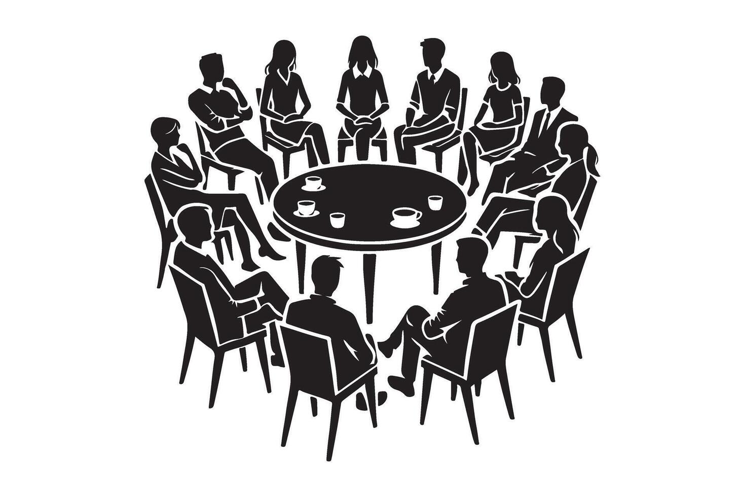 Group of People in Round Table Discussion Silhouette Illustration vector