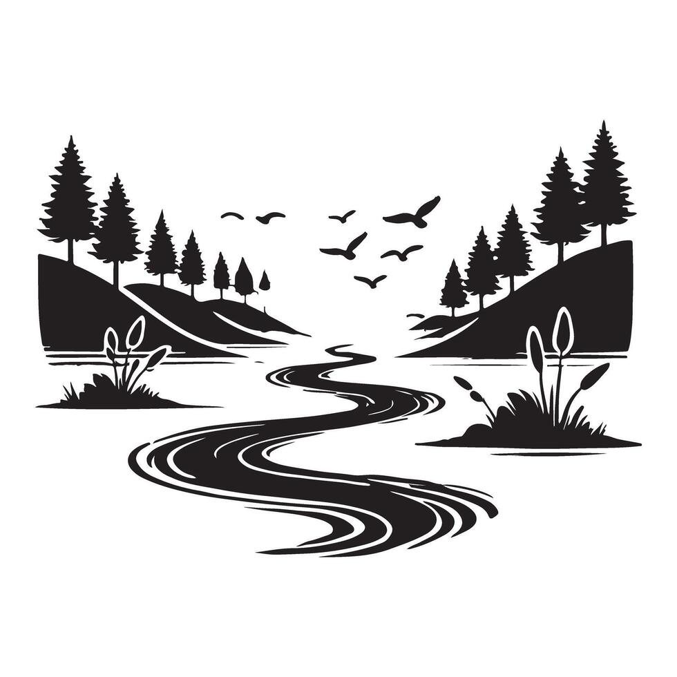 Tranquil River Landscape Silhouette Illustration vector