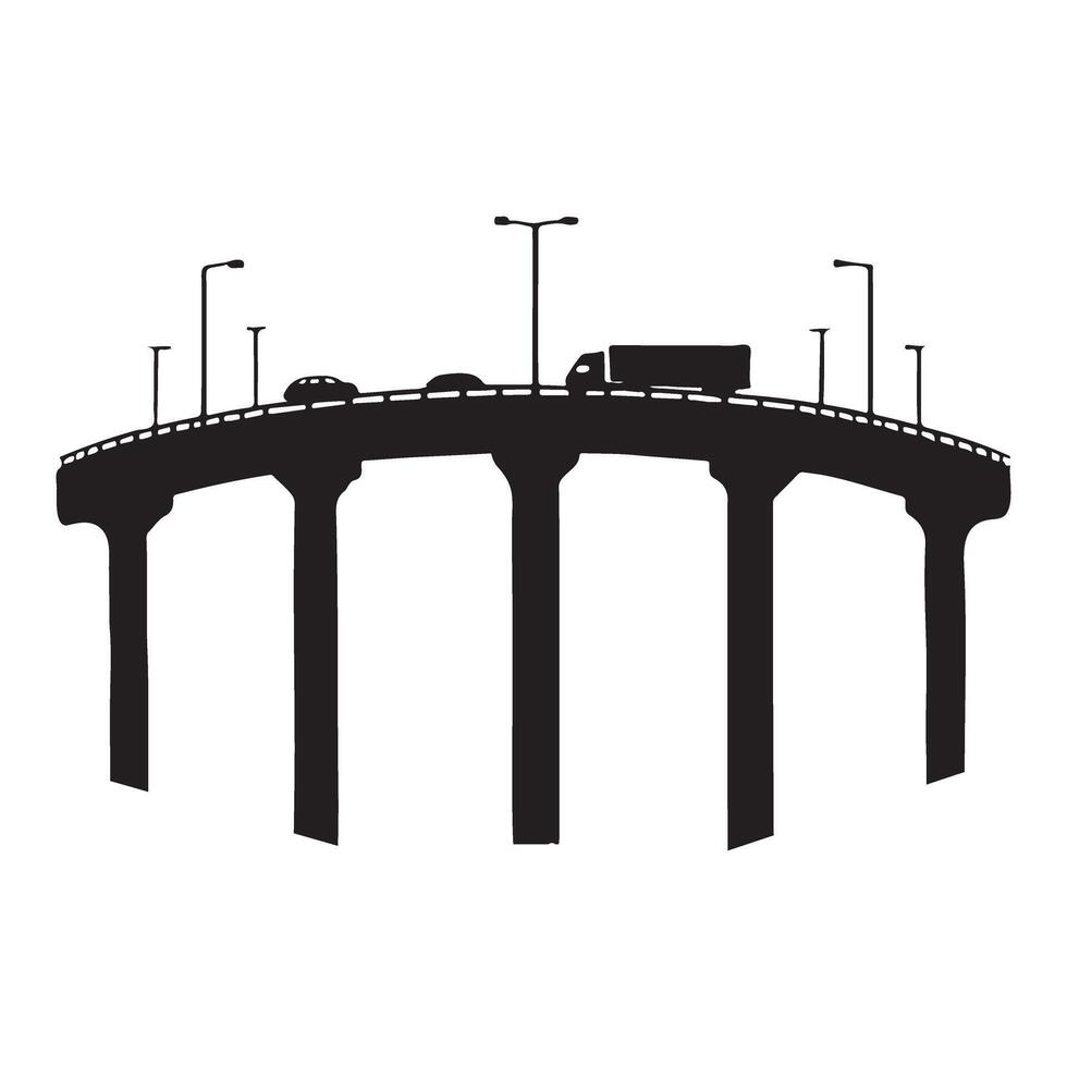 Curved Highway Bridge Silhouette Illustration with Traffic vector