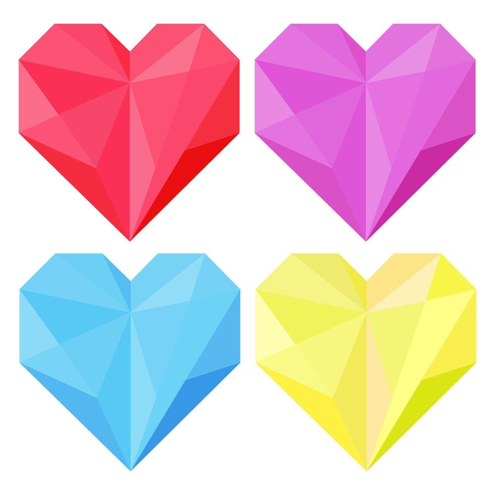 A vibrant set of geometric crystal hearts in red, pink, blue, and yellow, featuring a faceted polygonal design. For Valentine's Day, wedding decor, greeting cards, or modern digital projects vector