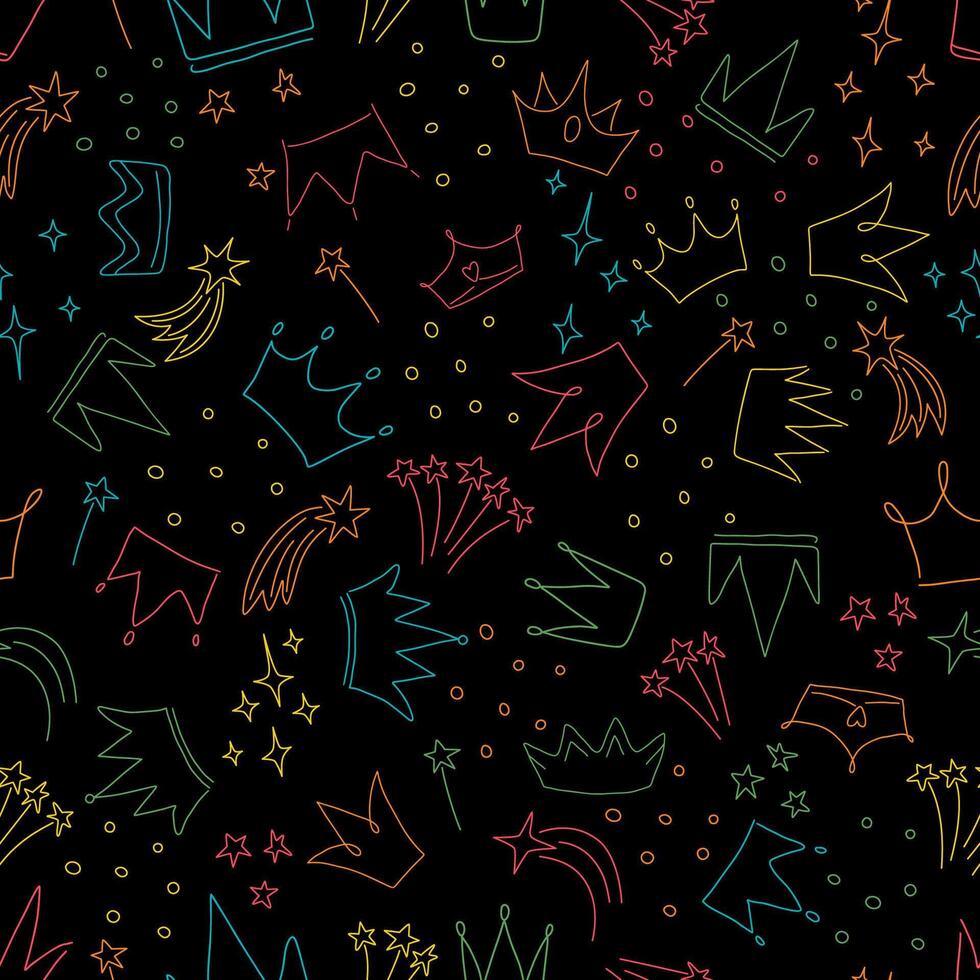 A seamless pattern featuring colorful hand-drawn crowns, shooting stars, fireworks, , and playful shapes on a black background. Vibrant and modern design for stationery, party decor, backgrounds vector