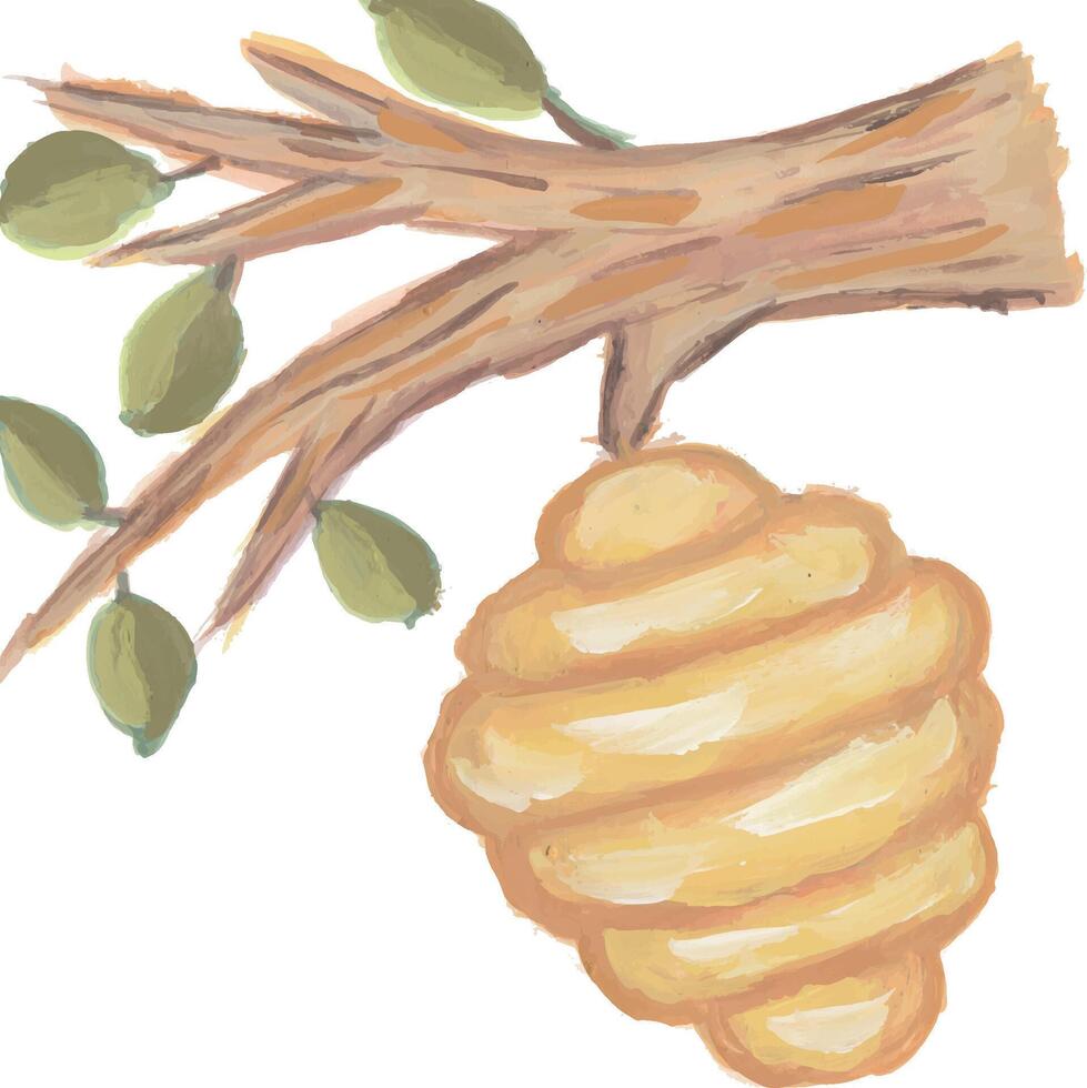 a drawing of a beehive on a branch watercolor vector