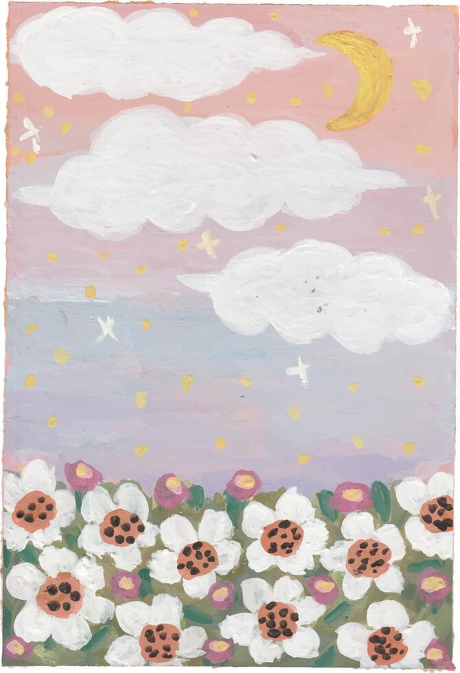 a painting of flowers and a moon in the sky vector