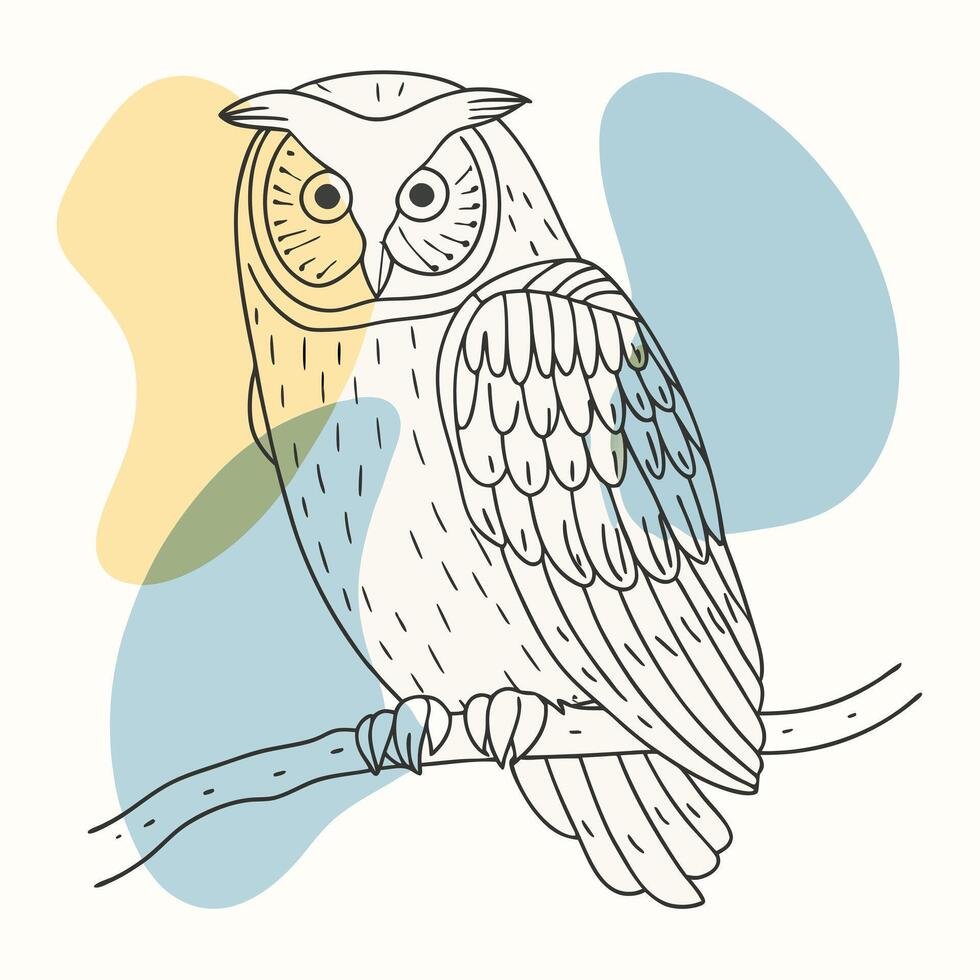 An owl is sitting on a branch with a blue and yellow background vector