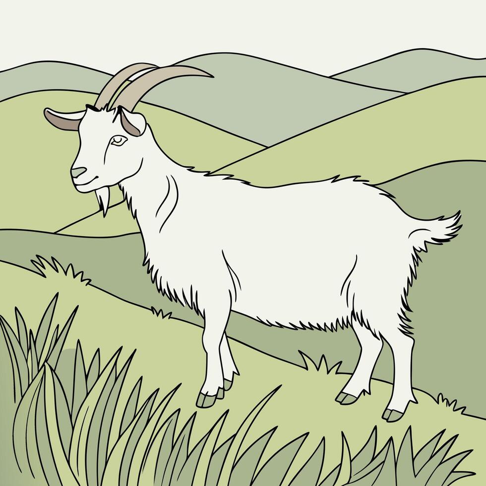 A goat standing in the grass with hills in the background vector