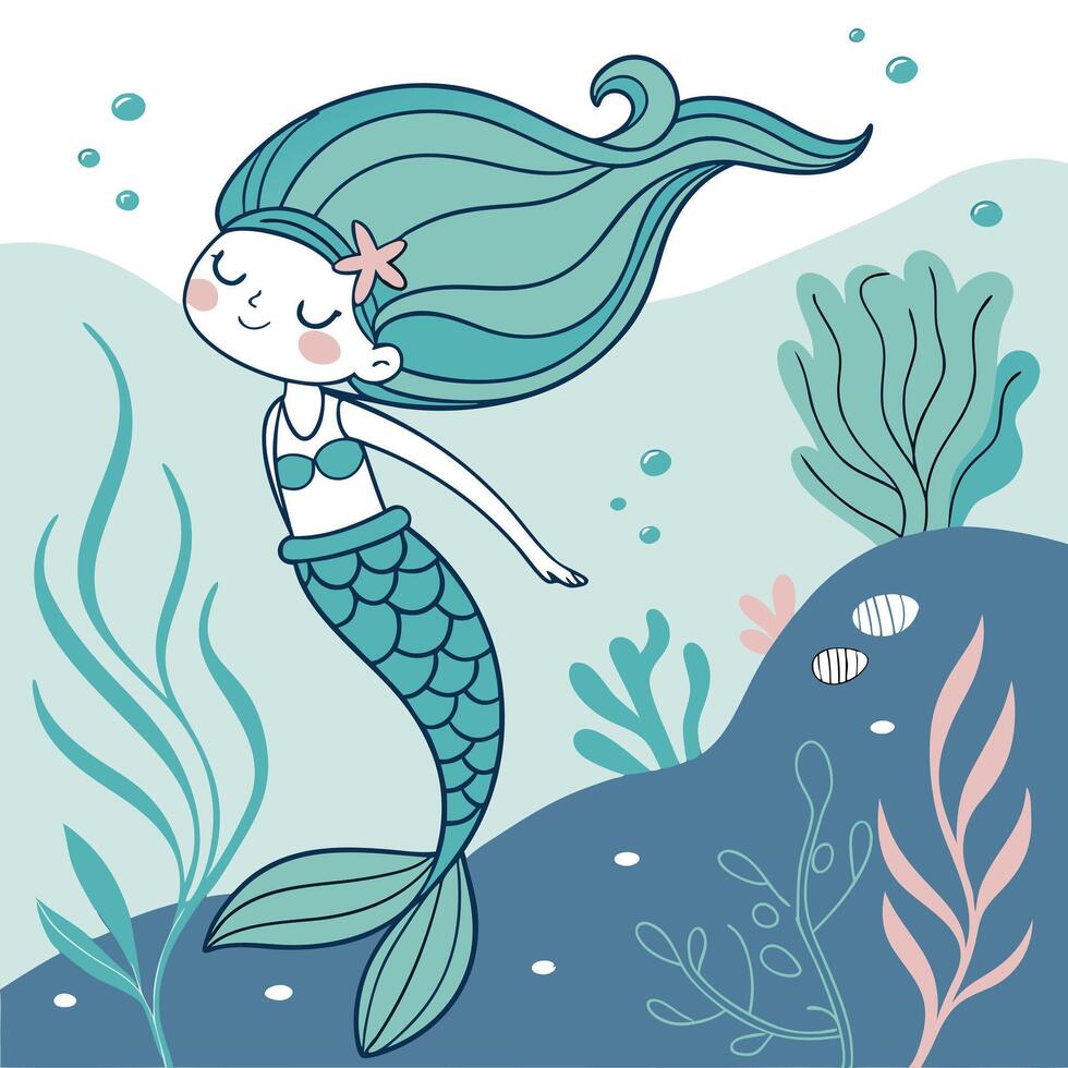 A cartoon mermaid with long hair and a green tail vector
