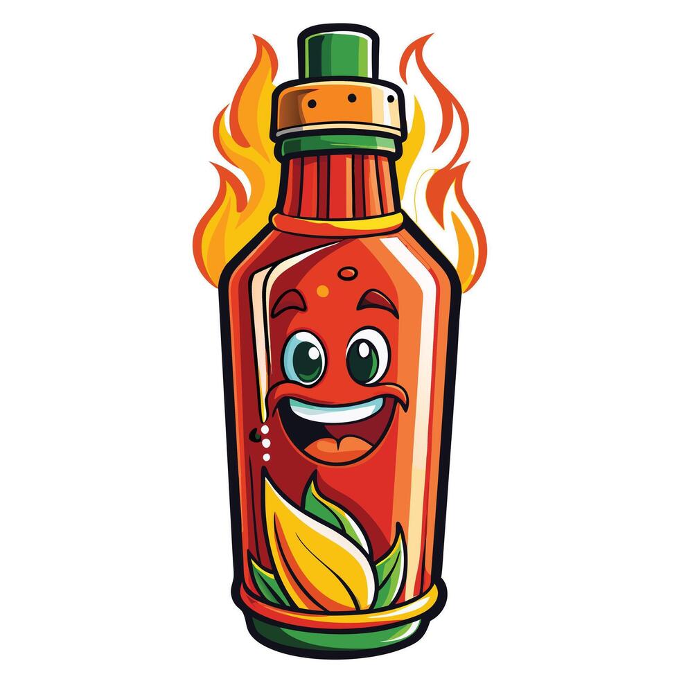 Hot sauce bottle with a smiling face and flames vector