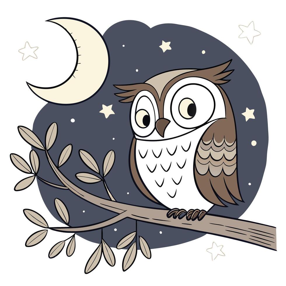 An owl sitting on a branch with stars and moon vector