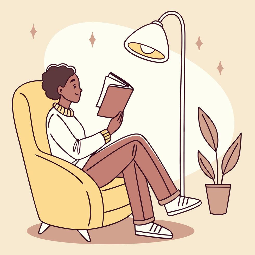 A woman is sitting in a chair reading a book vector