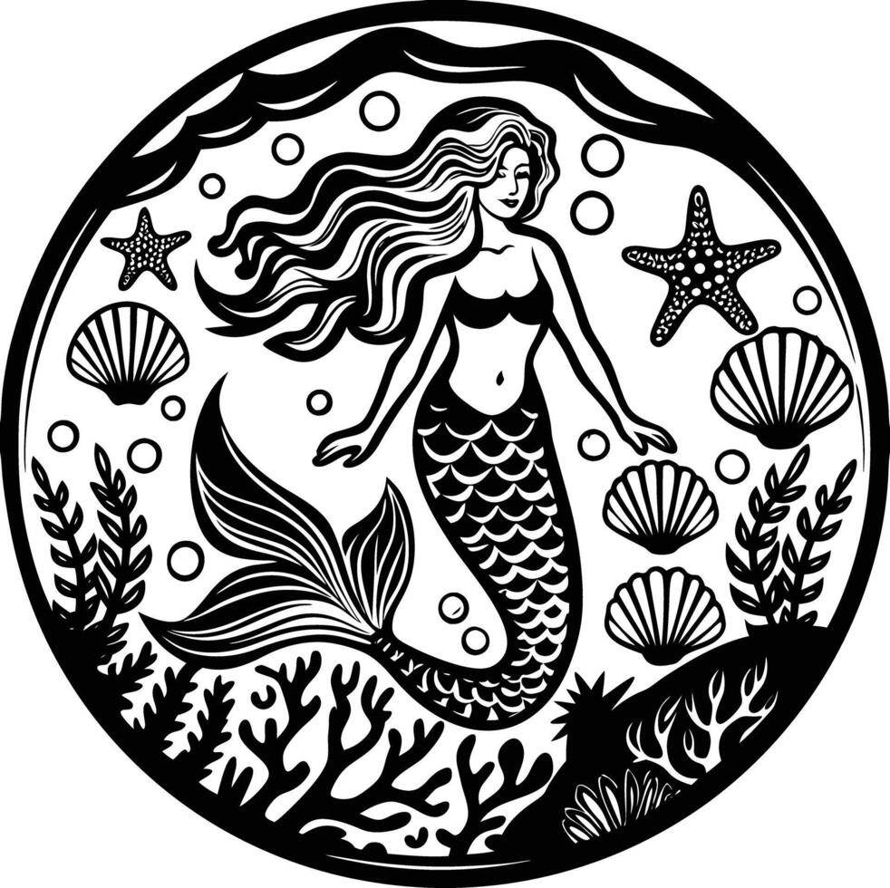Mermaid in the round black and white illustration vector