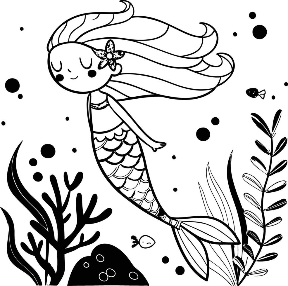 A mermaid coloring page with a fish and plants vector