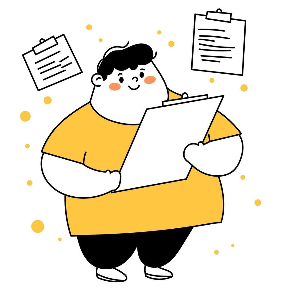 Cute cartoon man with notes. People make task and process document brainstorming. Character management notebook. Thin line illustration. vector