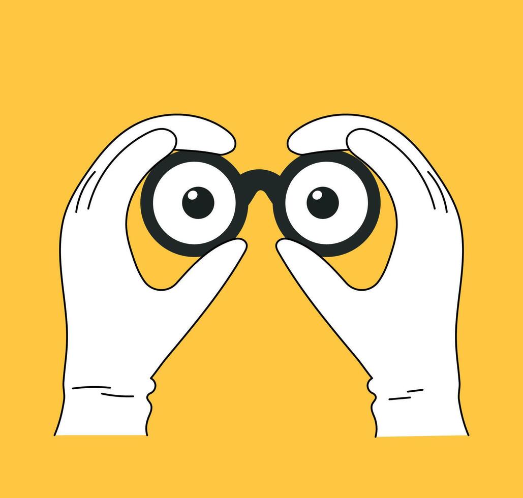 Cartoon hand holding binoculars, explore person point or look forward character. Vision gesture eyes with fingers vector