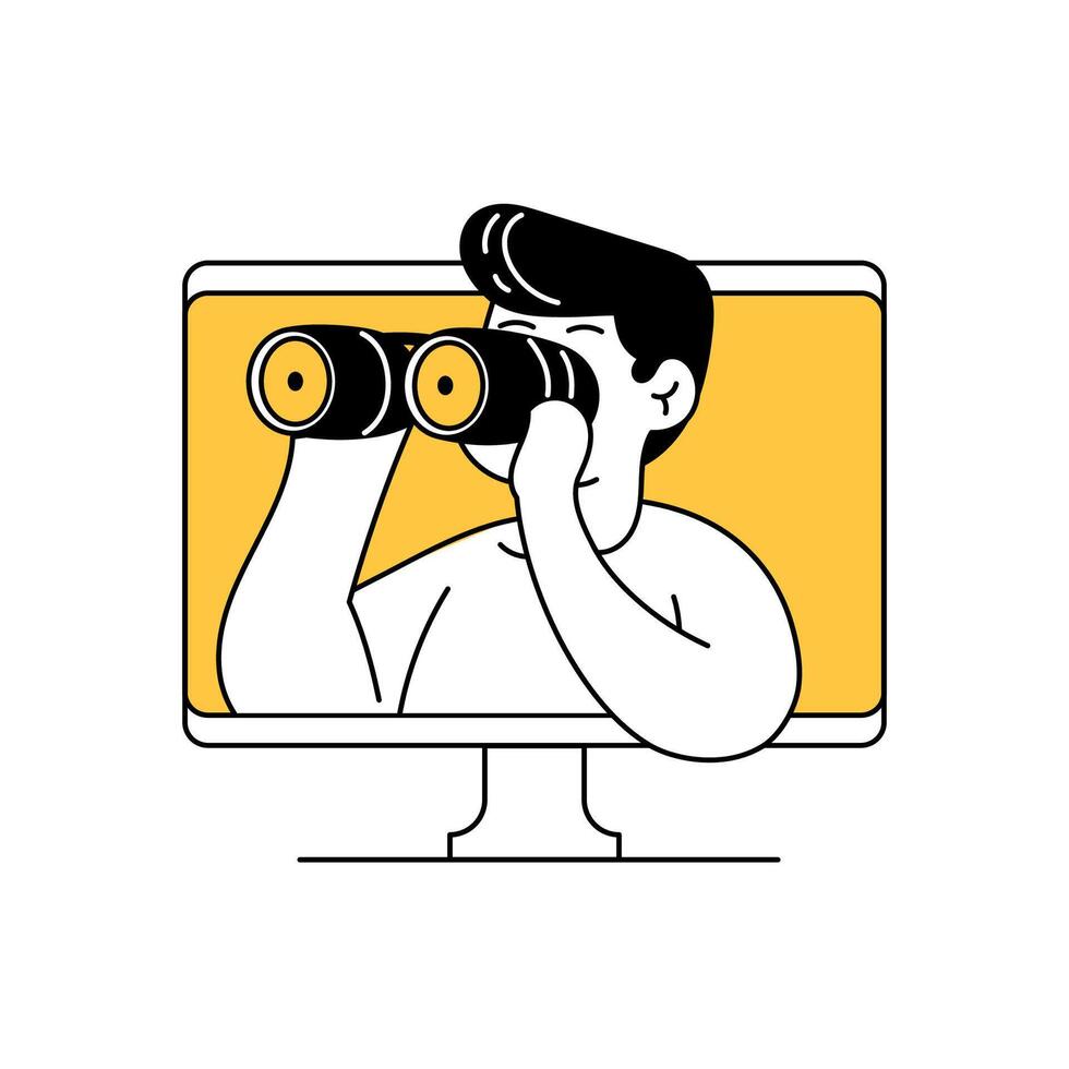 Discovery and looking forward with binoculars. Cartoon People observe internet and forecasting mission. Identification, surveillance technology vector