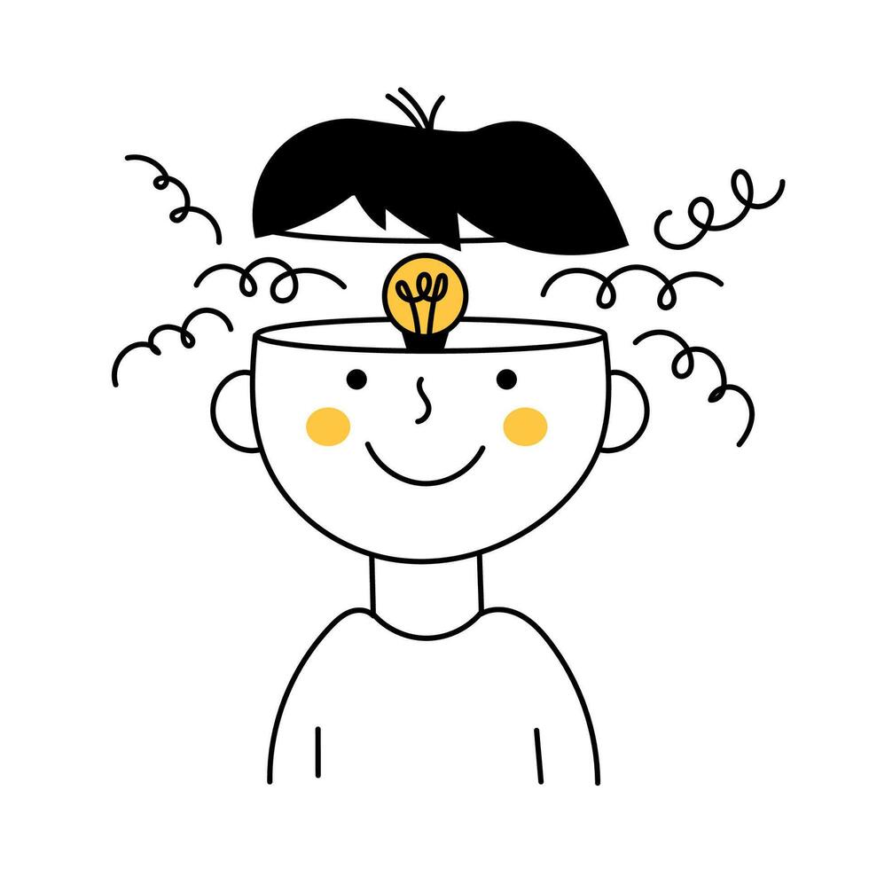 Think outside the box, light bulb in a head. Success leader and concept creativity brainstorming. Outline illustration on white vector